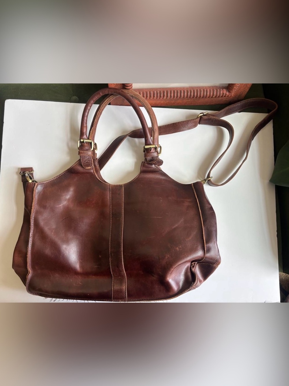 Little leather store Classic Brown genuine leather Tote Bag Adjustable Strap